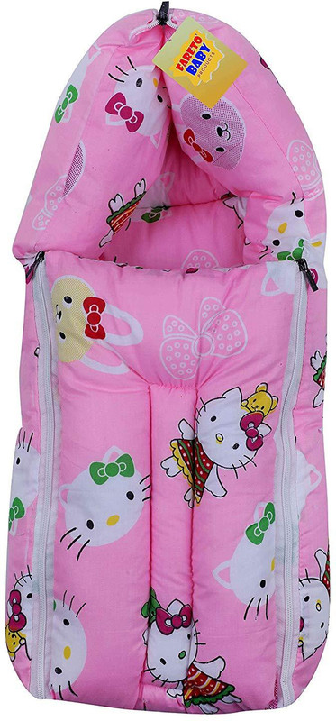 Fareto New Born Baby Teddy 3 in 1 Sleeping Bag Cum Baby Bed/Carry Bag/Baby Wrapper.(0-6 Months) (Pink) print cartoon(Fabric, Pink)