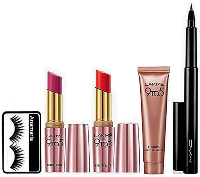 anamaria Eyelashes & Lakme Weightless Mousse Foundation & Pen Eyeliner, Primer Matte Lipstick 2(Set of 5)
