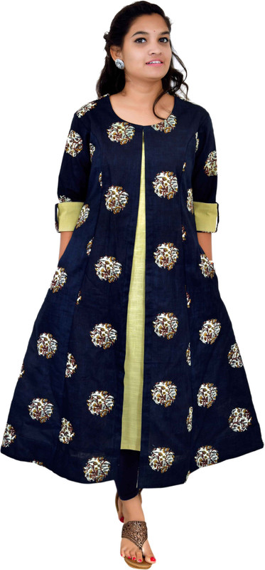belledama Festive & Party Block Print Women Kurti(Blue)