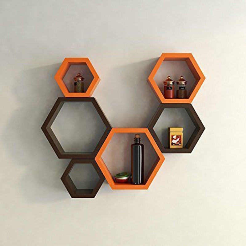 wood city handicrafts wooden hexagon shelf for home decor MDF (Medium Density Fiber) Wall Shelf(Number of Shelves - 6, Orange, Brown)