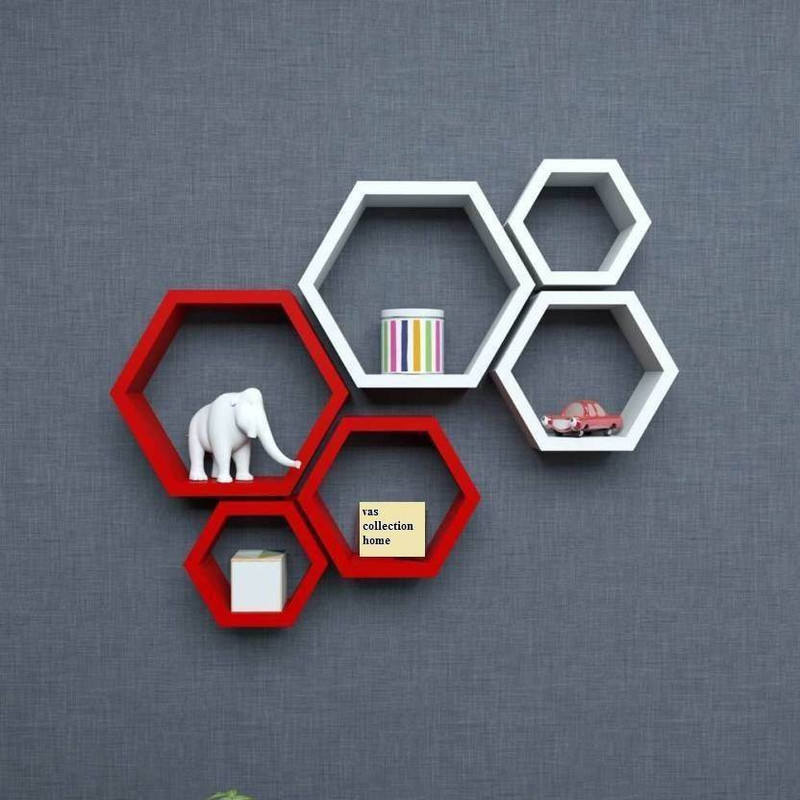 wood city handicrafts wooden hexagon shelf for home decor MDF (Medium Density Fiber) Wall Shelf(Number of Shelves - 6, Black)