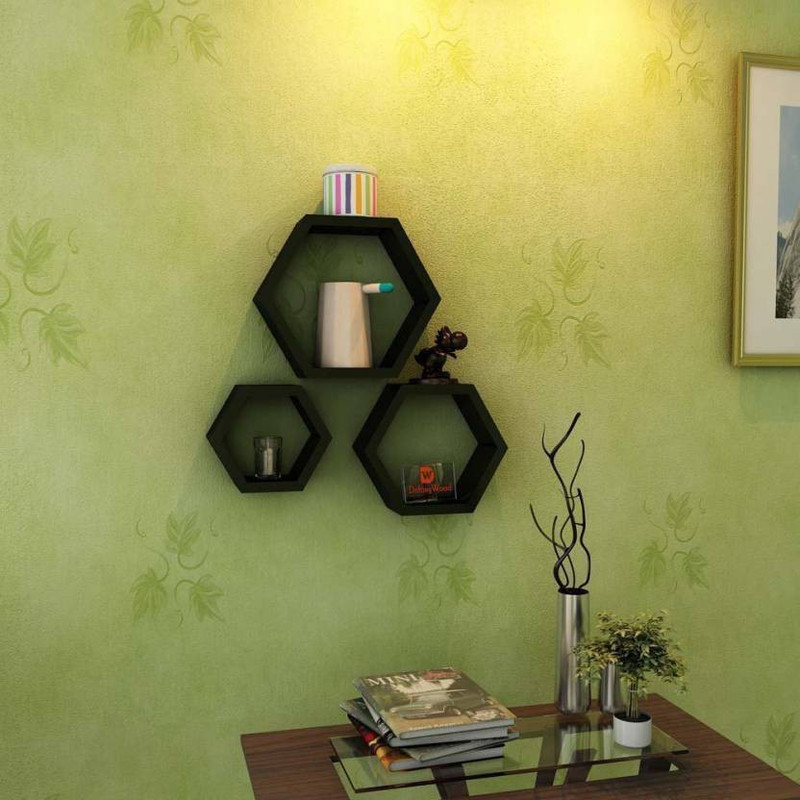 wood city handicrafts wooden hexagon shelf for home decor MDF (Medium Density Fiber) Wall Shelf(Number of Shelves - 6, Black)