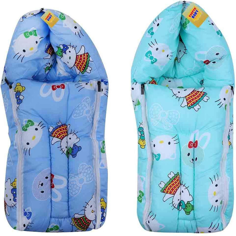 Fareto Baby Combo of 2 Sleeping Bag/Carry Bag/Baby Bed/Baby Wrapper(0-6 Months) (Blue and Pista Green) print cartoon(Fabric, Blue, Pista Green)