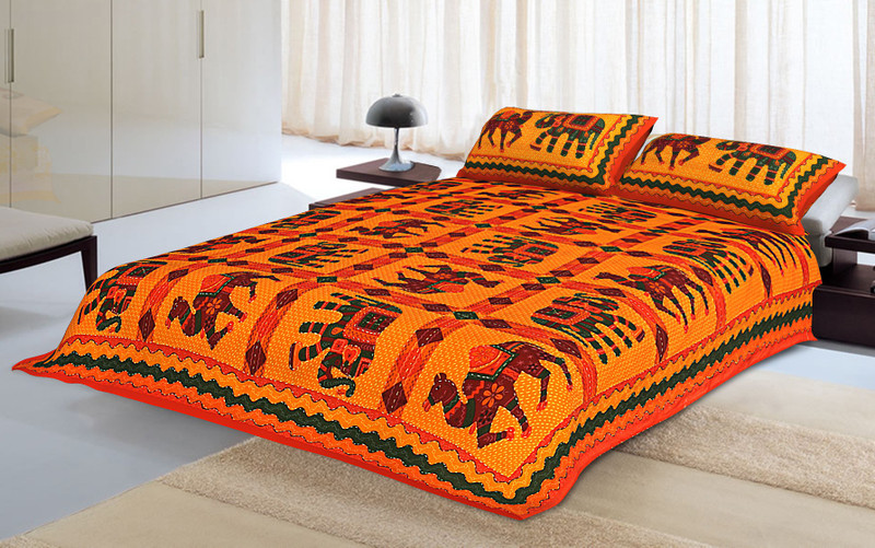 sapphirelanes 150 TC Cotton Double King Embroidered Bedsheet(Pack of 1, Multi colors including orange green and yellow with elephant and other motifs in center)