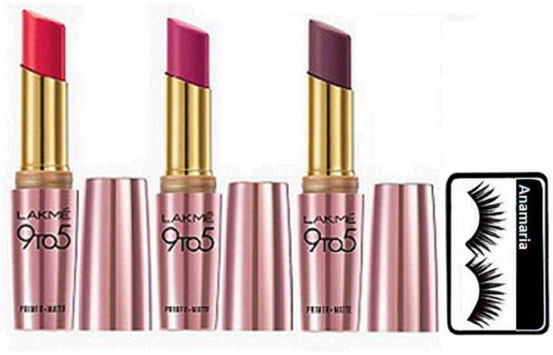 anamaria Eyelashes & Lakme 9 to 5 Primer Matte Lipstick (Pack Of 3)(4 Items in the set)