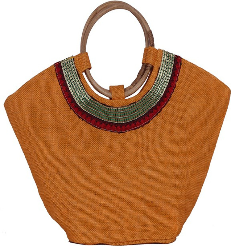 india jutes India Jute Yellow Cane Handle Hand Bag Yellow Hand-held Bag