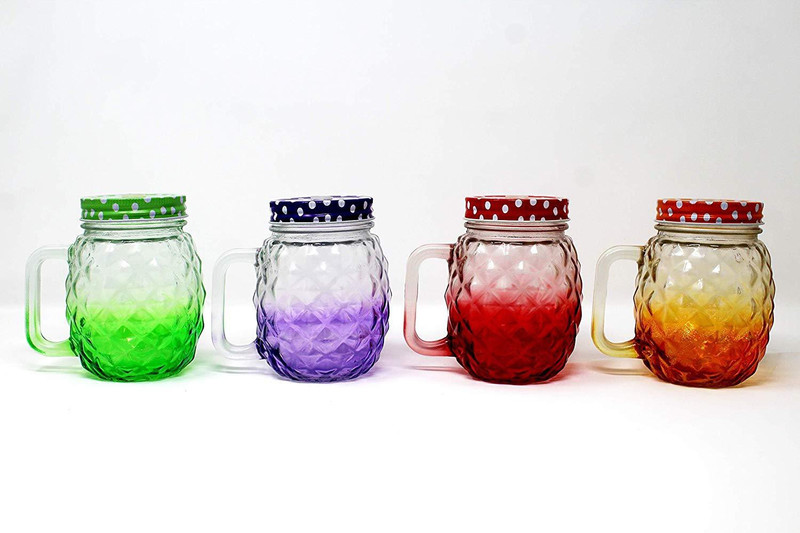 hkc house Pineapple Mason Jar with Handle Frosty Mason Jar with Strew and Lid for Beverage,Soft Drink Glass Jar,Kids Glass Jar,Chilled Glass Jar (4) Glass Mug(450 ml, Pack of 4)
