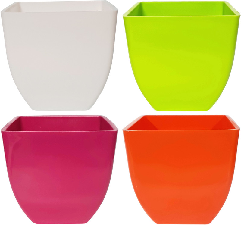 rgdecor Decorative and Durable Pearl Square Pot - Multicolour - Pack of 4 - Side 5 inch, Height 5 inch [WGPO] Plant Container Set(Plastic)