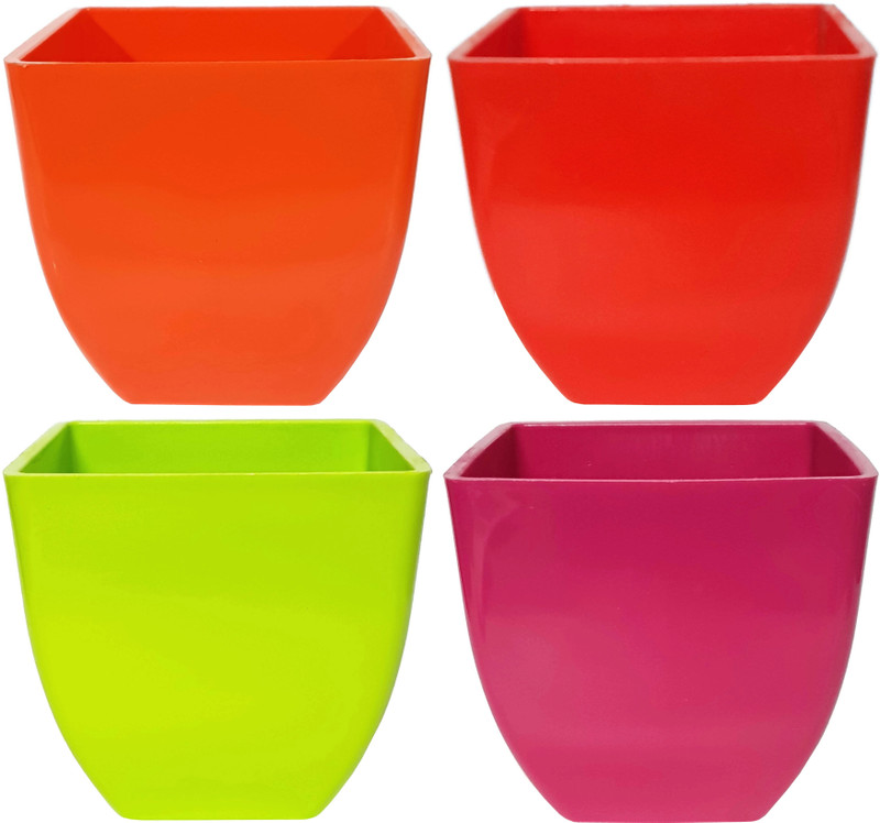 rgdecor Decorative and Durable Pearl Square Pot - Multicolour - Pack of 4 - Side 5 inch, Height 5 inch [ORGP] Plant Container Set(Plastic)