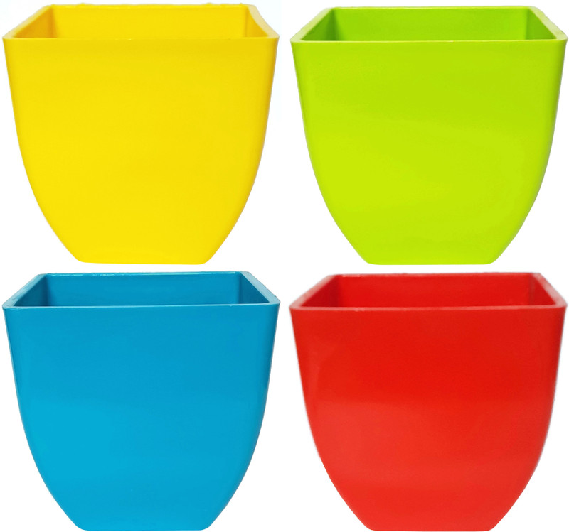 rgdecor Decorative and Durable Pearl Square Pot - Multicolour - Pack of 4 - Side 5 inch, Height 5 inch [YGBR] Plant Container Set(Plastic)