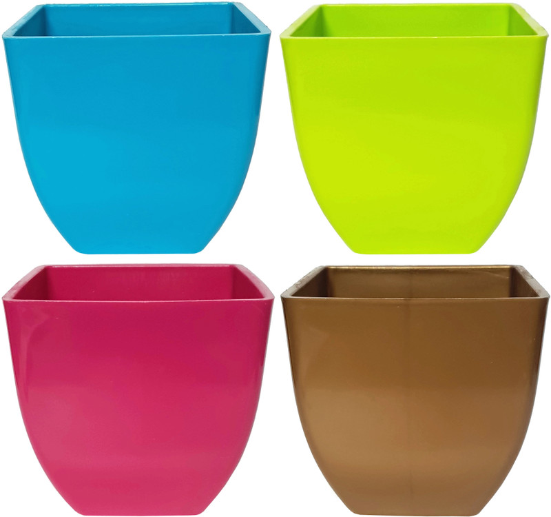 rgdecor Decorative and Durable Pearl Square Pot - Multicolour - Pack of 4 - Side 5 inch, Height 5 inch [BGPG] Plant Container Set(Plastic)