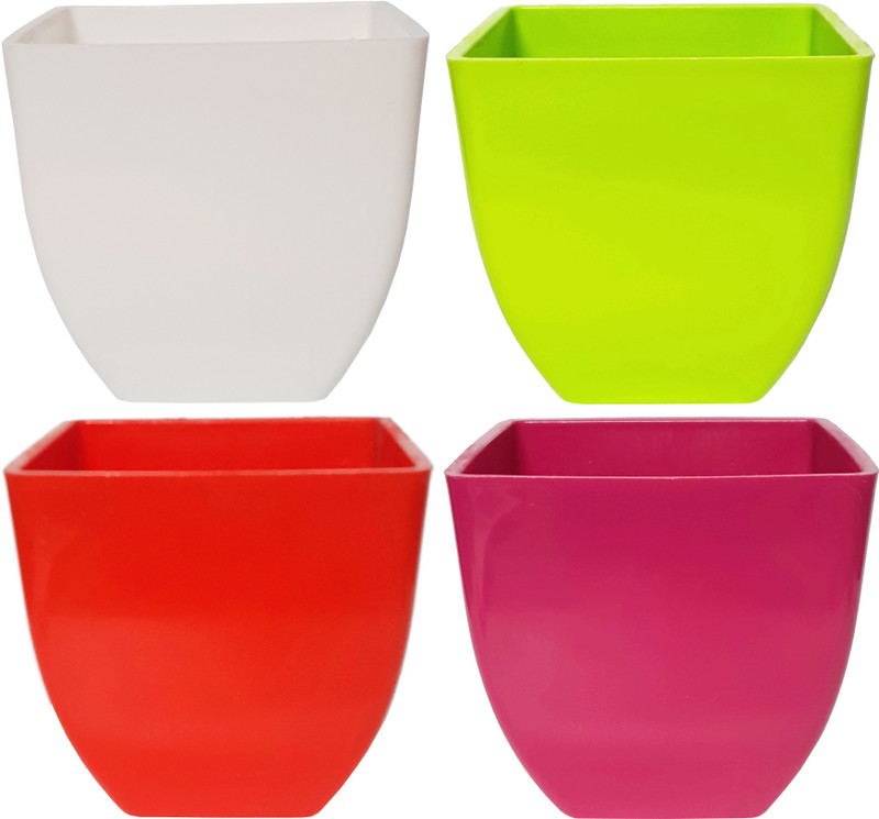 rgdecor Decorative and Durable Pearl Square Pot - Multicolour - Pack of 4 - Side 5 inch, Height 5 inch [WGRP} Plant Container Set(Plastic)