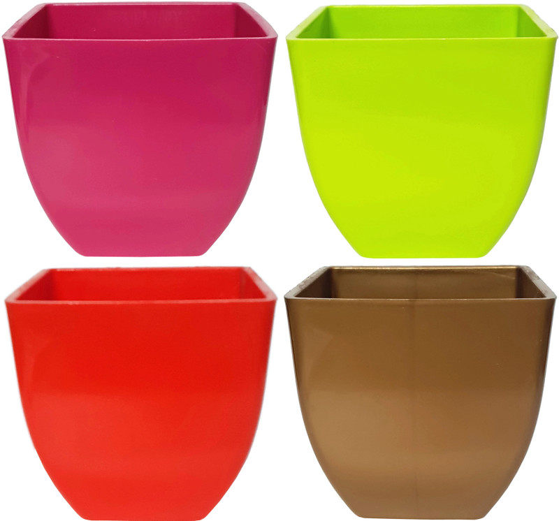 rgdecor Decorative and Durable Pearl Square Pot - Multicolour - Pack of 4 - Side 5 inch, Height 5 inch [PGRG] Plant Container Set(Plastic)