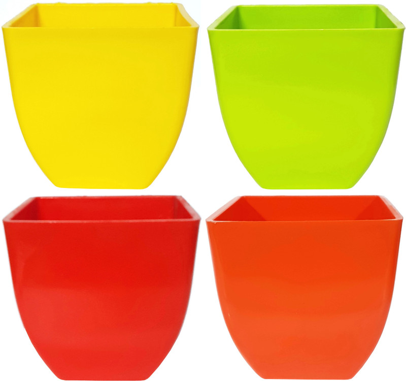 rgdecor Decorative and Durable Pearl Square Pot - Multicolour - Pack of 4 - Side 5 inch, Height 5 inch [YGRO] Plant Container Set(Plastic)