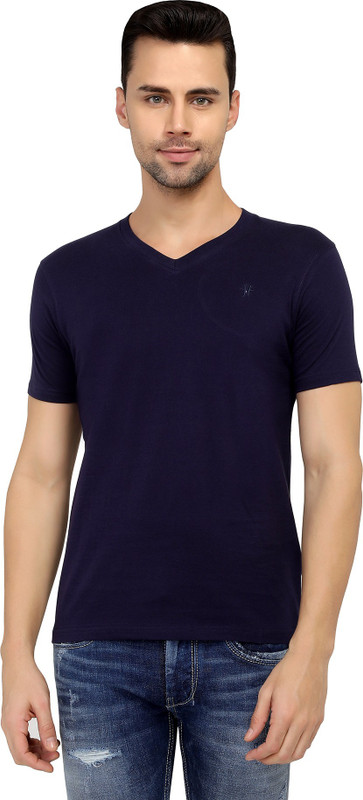 two tribes Self Design Men V Neck Dark Blue T-Shirt