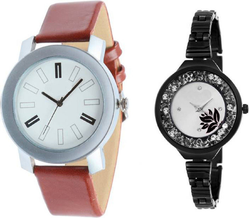 hrv slim Black belt stylish moving diamnd in dial watch with coper brown strap Silver bare dial professional watch for couple men and women Watch Analog Watch  - For Men & Women