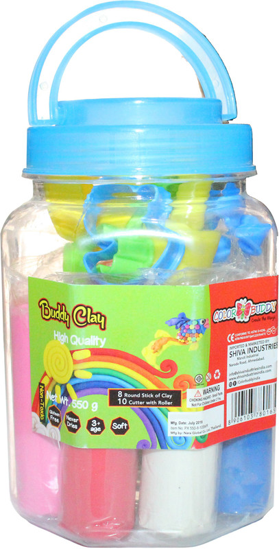 colorbuddy Color Buddy Clay with jar 8 Diffrent Colours and Small Roller 10 Cutter Moulds for Kids/Teens-Non Toxic Art Clay(0.55 kg)