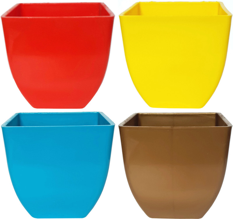 rgdecor Decorative and Durable Pearl Square Pot - Multicolour - Pack of 4 - Side 5 inch, Height 5 inch [RYBG] Plant Container Set(Plastic)