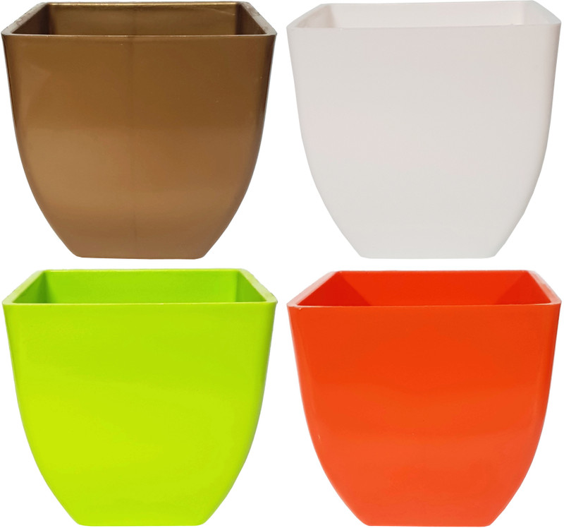 rgdecor Decorative and Durable Pearl Square Pot - Multicolour - Pack of 4 - Side 5 inch, Height 5 inch [GYGO] Plant Container Set(Plastic)