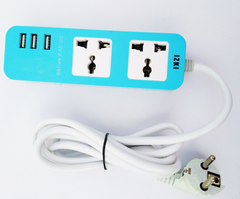 izki Power Strip With One USB Cable and USB Light 2 Socket Surge Protector(Blue)