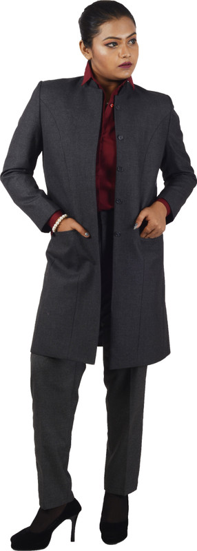 v2uniforms Formal Ladies Pant & Long Trench Coat Suit Charcoal Grey Formal Ladies Pant & Long Trench Coat Suit Charcoal Grey Solid Women Suit