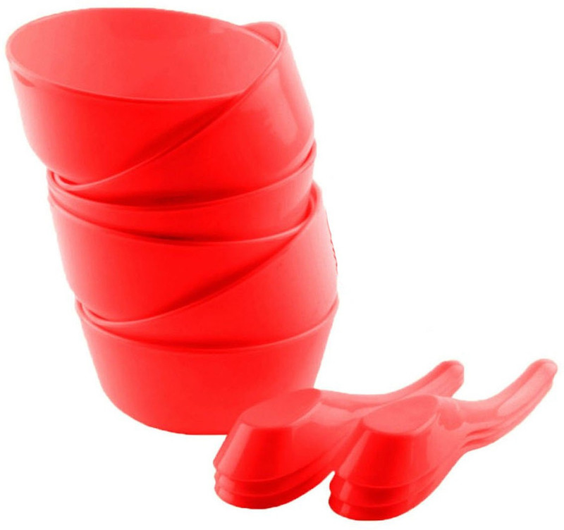 m s megaslim Food Grade Kitchenware perfect Bowl with spoon for Soup/Pudding/Vegetable/Serving 12 pcs Bowls and Spoon Plastic Soup Bowl(Red, Pack of 12)