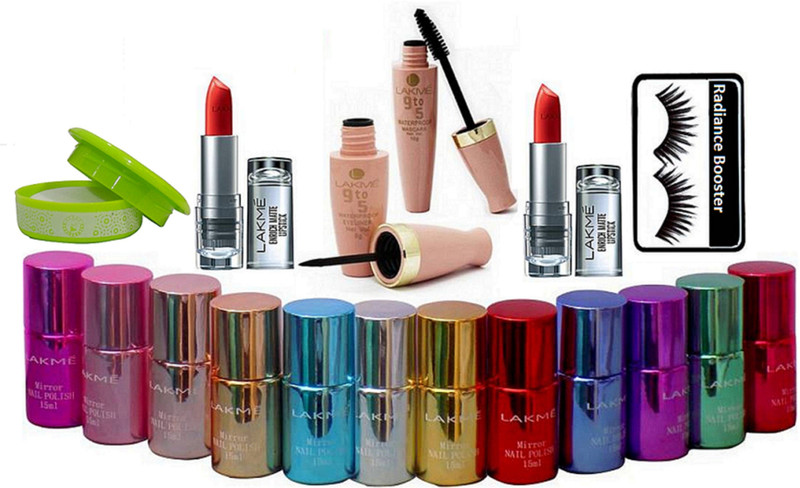 radiance booster Eyelashes & Lakme Nail Paint (Pack Of 12) & Eyeliner+Mascara & Enrich Lipstick (pack of 2) & Nail Paint Remover(18 Items in the set)