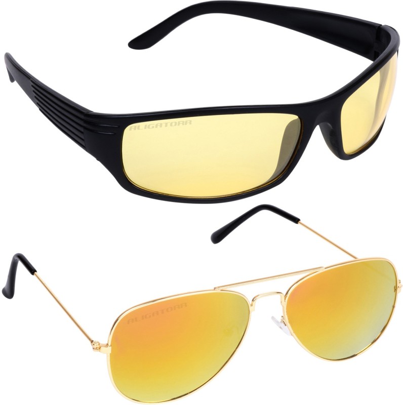 Aligatorr Aviator, Wrap-around Sunglasses(Golden, Yellow)