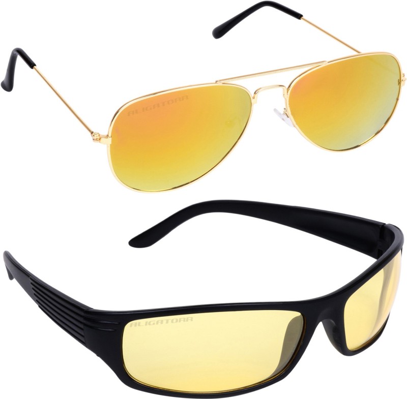 Aligatorr Aviator, Wrap-around Sunglasses(Yellow, Golden)