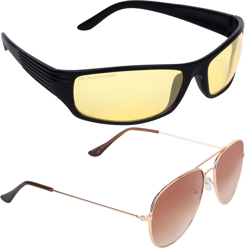 Aligatorr Aviator, Wrap-around Sunglasses(Golden, Brown)