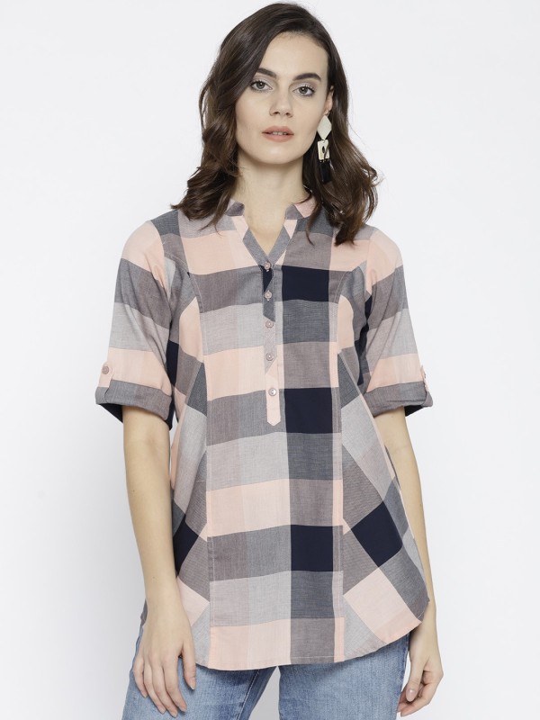 Zoae Casual Roll-up Sleeve Checkered Women Pink, Black, Grey Top
