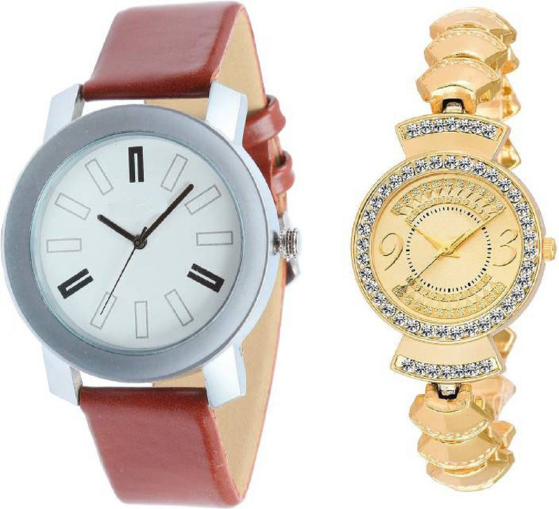 hrv Gold fancy diamond watch with coper brown strap Silver bare dial professional watch for couple men and women Watch Analog Watch  - For Couple