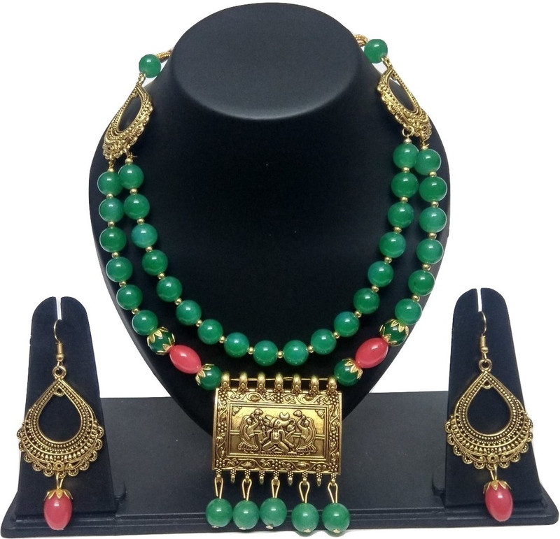 charmi Brass, Mother of Pearl Jewel Set(Green, Gold, Pink)