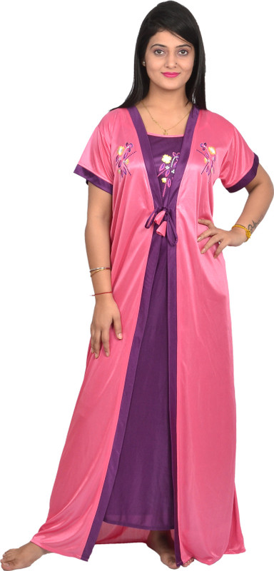 hex rex Women Nighty with Robe(Purple, Pink)