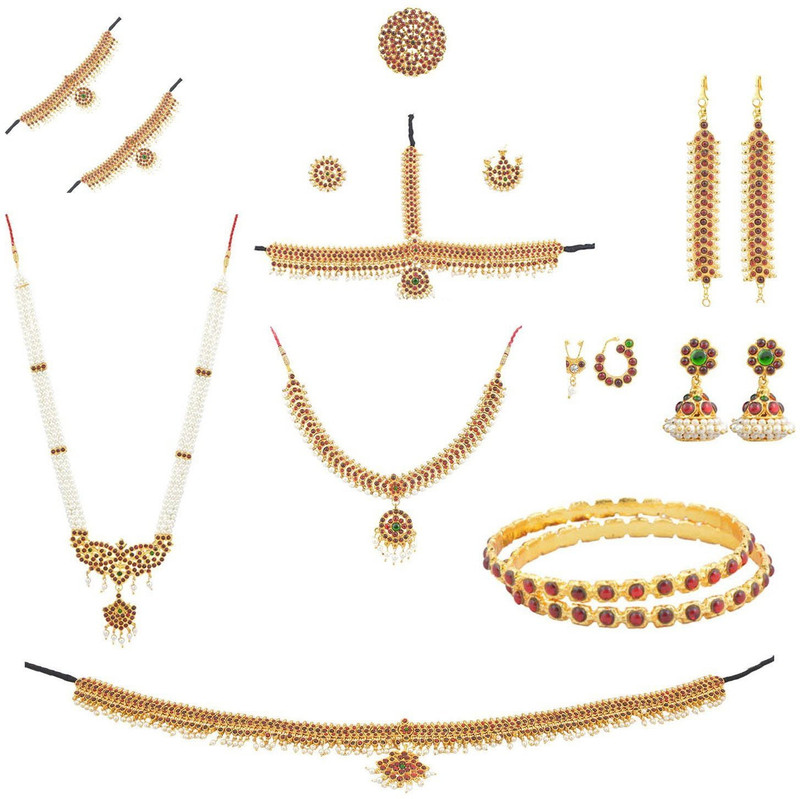 bharatanatyam jewellery Brass Jewel Set(Green, White, Red)