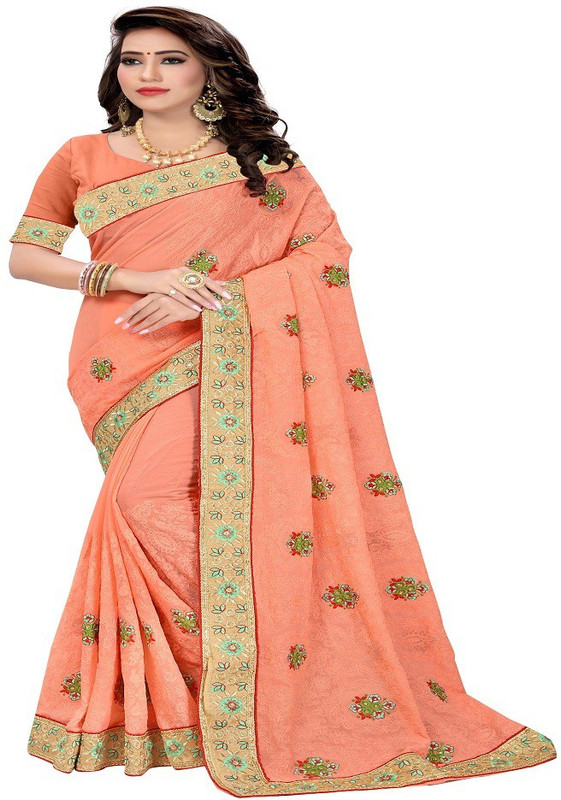 vaani india Embroidered Fashion Chiffon Saree(Orange)