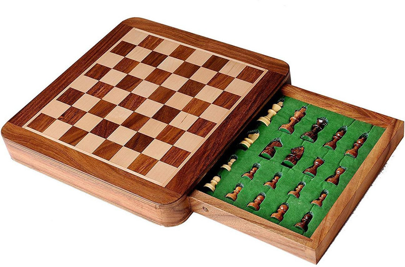 kesha spree 10" x 10" Wooden Drawer Chess Set with Magnetic Pieces Board Game