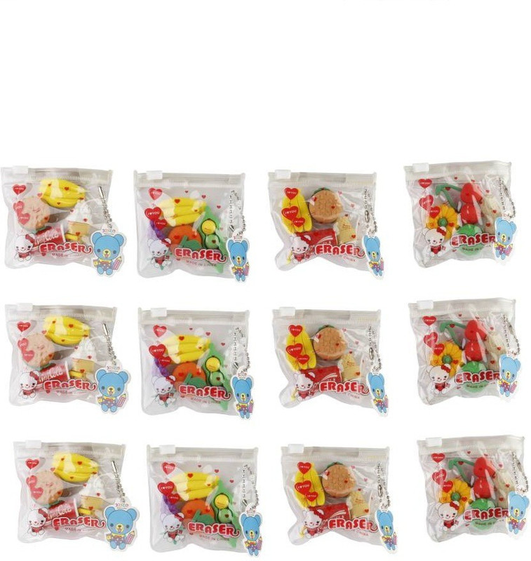 giftshub Set of 12 pc fruit and vegetable mix shaped Erasers in pouch for Birthday Party Return Gifts/Party Favors and bag fillers Non-Toxic Eraser(Set of 12, Multicolor)