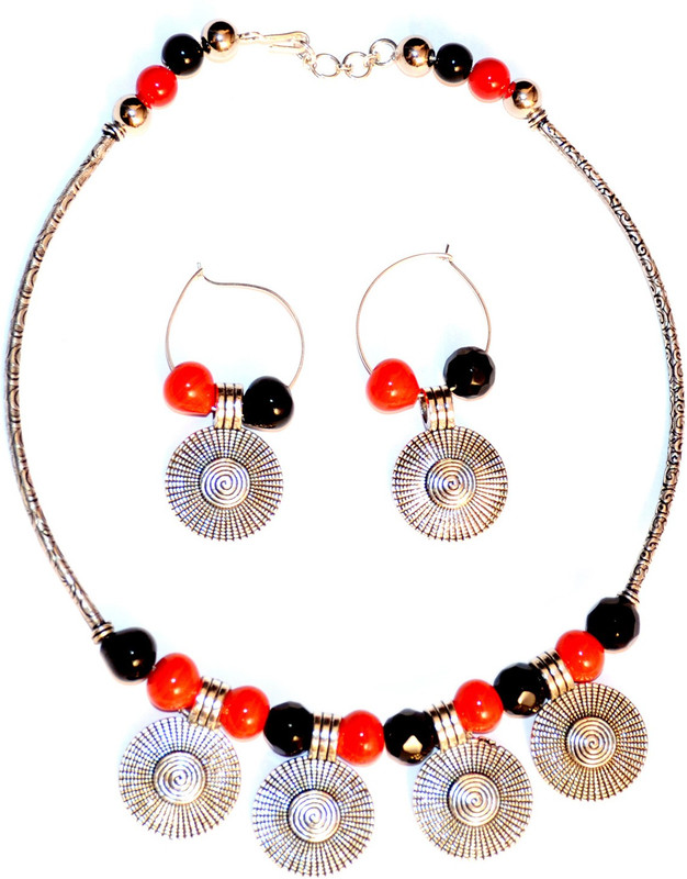 caring u Oxidised Silver, Glass Jewel Set(Silver, Red, Black)