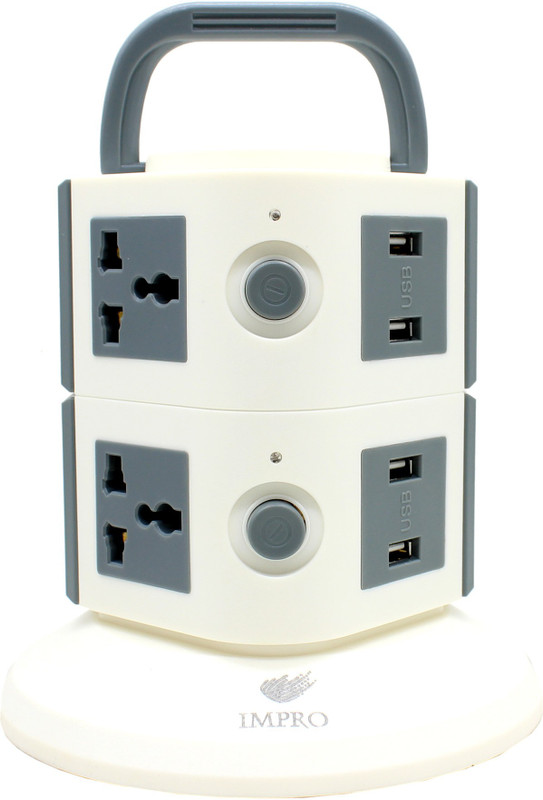 Impro Grey Colour 6 Socket + 4 USB Ports Tower Socket Spike Buster || 2 Floor Vertical || Surge Protector || Universal Multi Plug Points Adapter || 10A Plugs || 2500W Rated Power || Copper Core Cable || ABS Plastic Material || 1.6 Meter Cord Length 6 Socket Surge Protector(White, Grey)