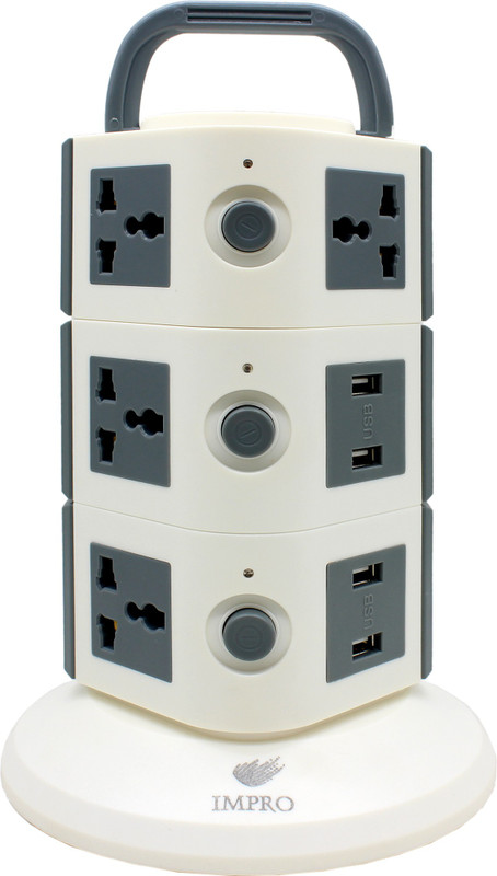 Impro Grey Colour 10 Socket + 4 USB Ports Tower Socket Spike Buster ||3 Floor Vertical || Surge Protector || Universal Multi Plug Points Adapter || 10A Plugs || 2500W Rated Power || Copper Core Cable || ABS Plastic Material || 1.6 Meter Cord Length 10 Socket Surge Protector(White, Grey)