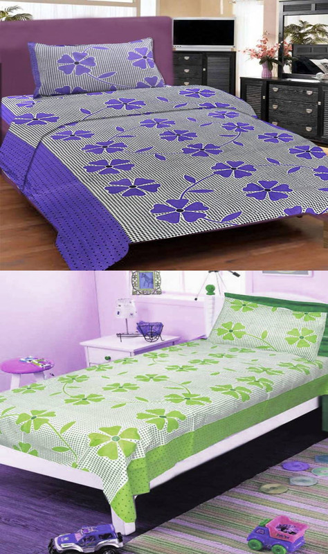 shivtextiles 120 TC Polycotton Single Printed Bedsheet(Pack of 2, Purple, Green)