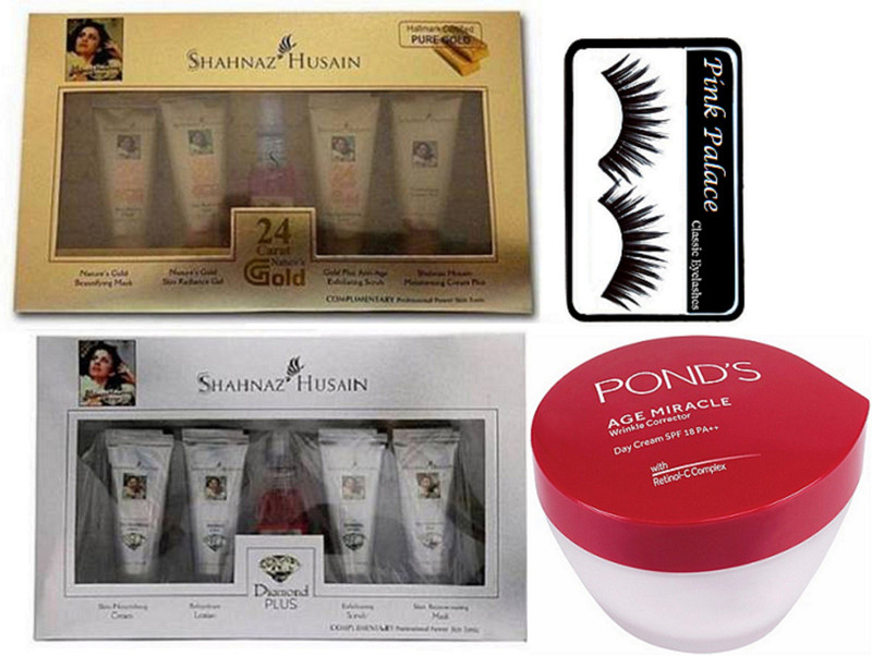 pink palace Eyelashes,Shahnaz Husain Gold & Diamond Facial Kit , Ponds Age Miracle Day Cream(4 Items in the set)