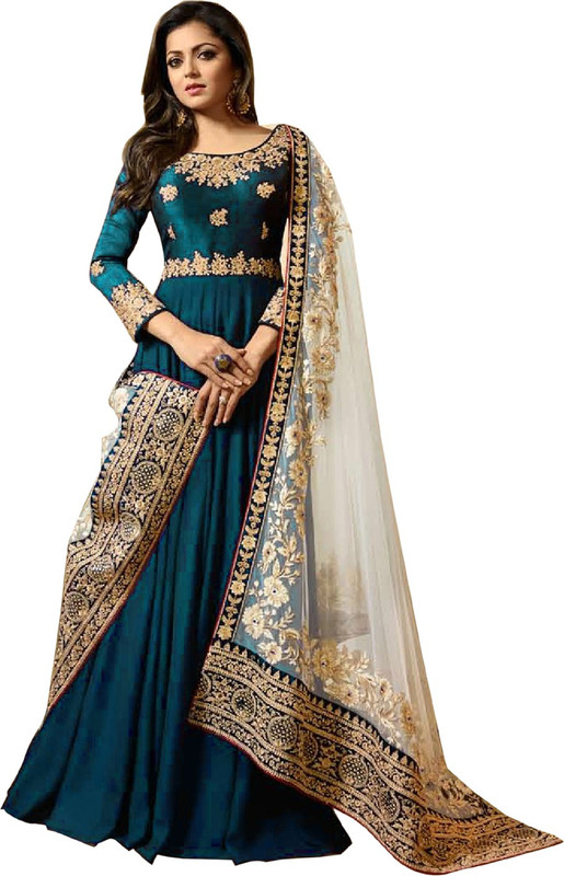 ladies queen Poly Georgette Embroidered Salwar Suit Material(Semi Stitched)