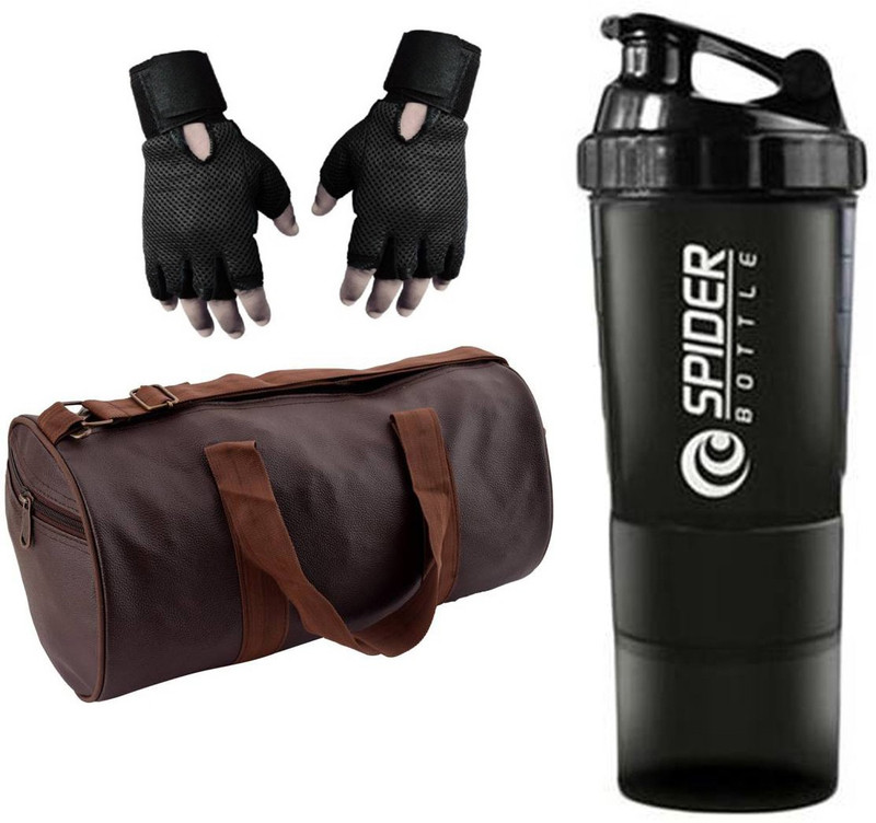 Snipper Combo of Leatherite Brown Gym Bag With Side pocket , Black Gloves and black Spider Shaker Fitness Accessory Kit Kit