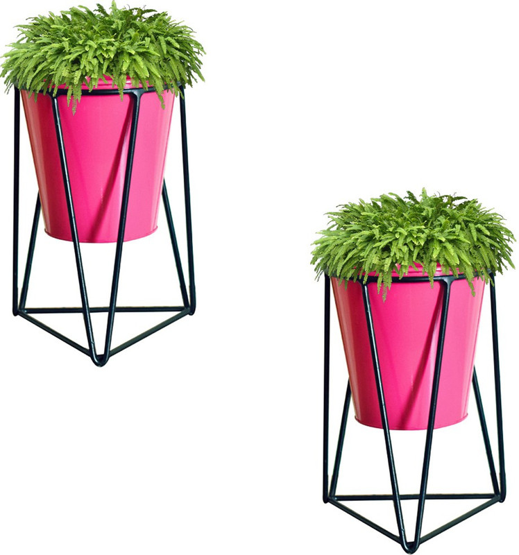 ascent homes Metal Iron Flower Pot Stand with Metal Bucket Planter-Set of 2(Pink) Plant Container Set(Pack of 2, Metal)