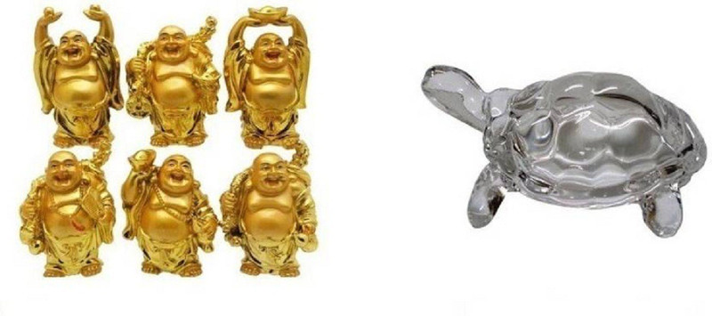 paystore Combo 7 in 1 Set of Feng Shui Chinese Happy Man / Laughing Buddha - 6 different Poses Set Figurine, Crystal Turtle Tortoise for Vastu, Money, Wealth & Luck Decorative Showpiece  -  5 cm(Polyresin, Gold)