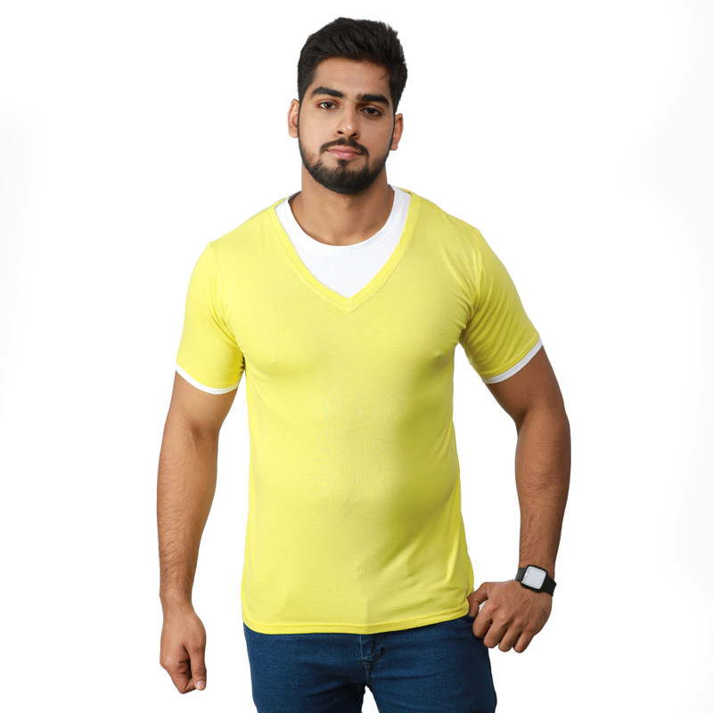 campus bunny Color Block Men V Neck Yellow T-Shirt