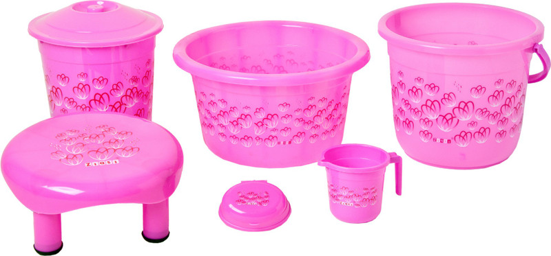 ziasi Present High quality product with leaf printed Bathroom Accessories 6 Pcs Set Pink (Balti 16.0 ltr, 18 L Plastic Bucket, Round Waste Container with Lid 11.0 Ltr, Mug 1 ltr, Soap Dish, Comfort Stool) 46 L Plastic Bucket(Pink)