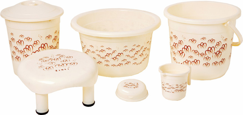 ziasi Present High quality product with leaf printed Bathroom Accessories 6 Pcs Set Cream(Balti 16.0 ltr, 18 L Plastic Bucket, Round Waste Container with Lid 11.0 Ltr, Mug 1 ltr, Soap Dish, Comfort Stool) 46 L Plastic Bucket(White)